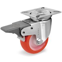 Roulette INOX polyuréthane rouge pivotante à frein diamètre 50 mm - 55 Kg